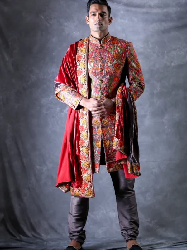 Grey Sherwani with Kashmiri Fusion Embroidery Front