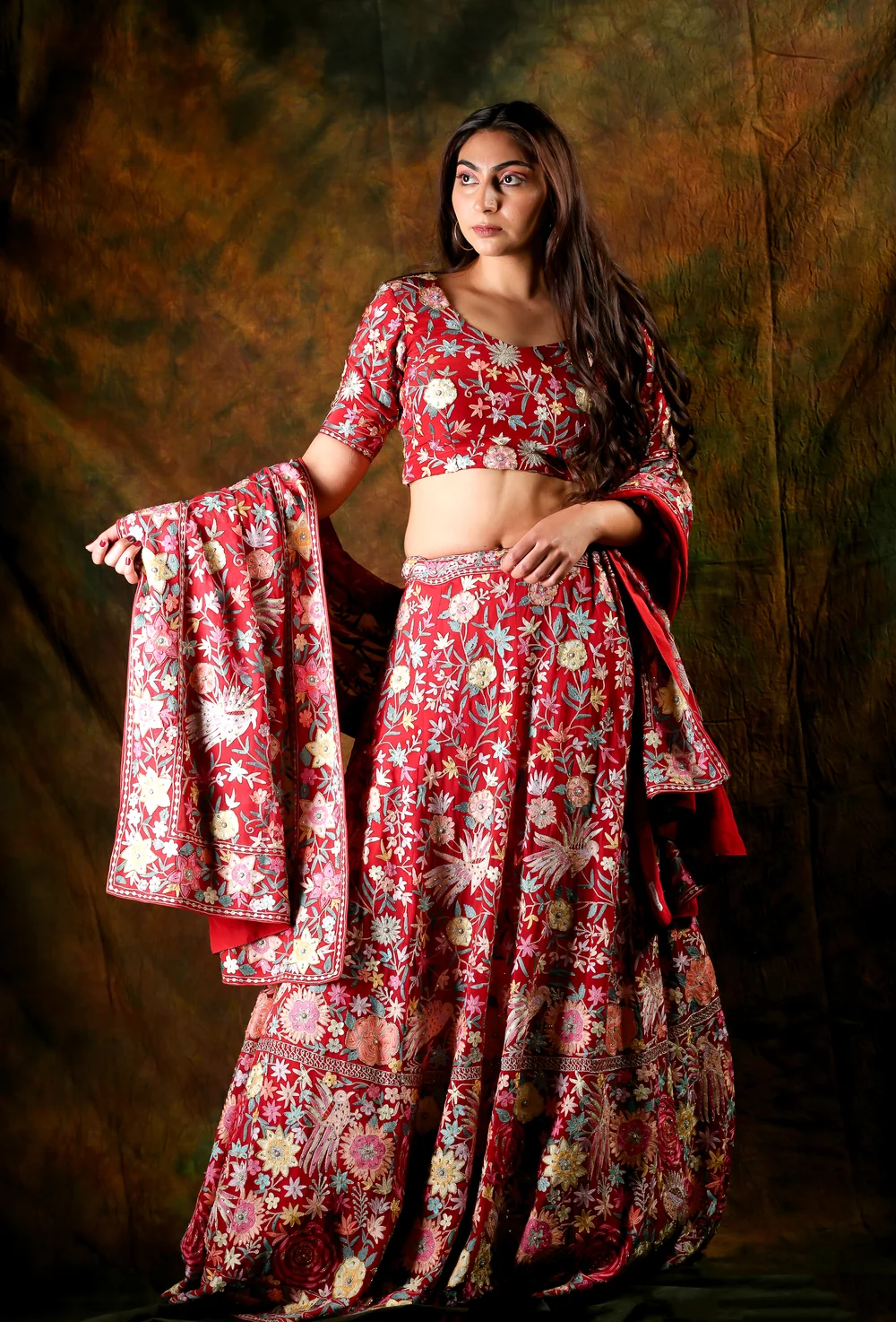 Red Lehenga with Fusion Embroidery Side