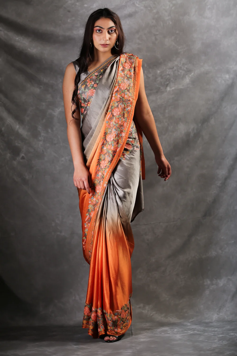 Pure Satin Ombré Shaded Saree with Floral Aari Border Front