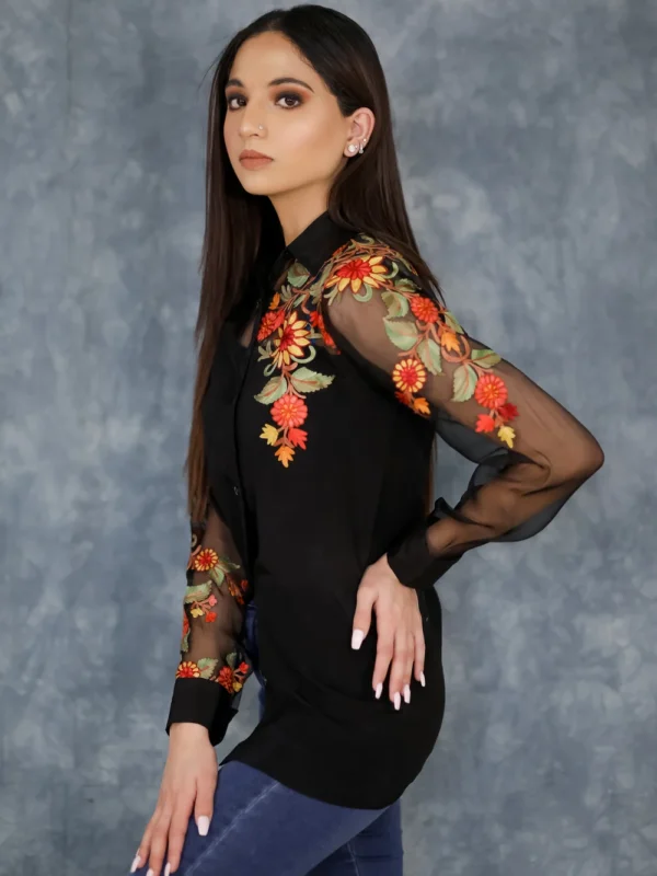 Black Shirt with Aari Embroidered Sleeves Side