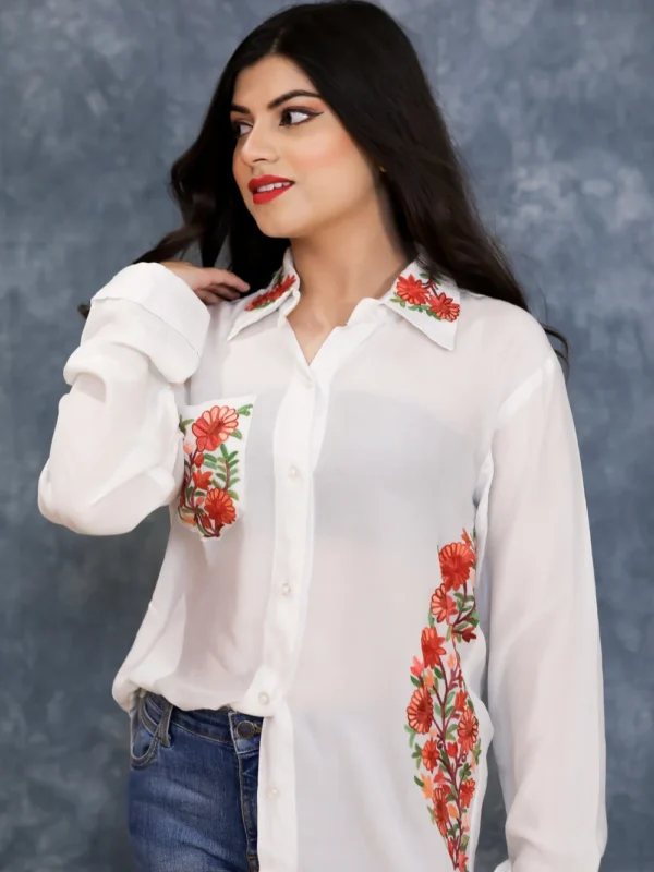 White Cotton Shirt with Aari Embroidered Pocket and Collar Side