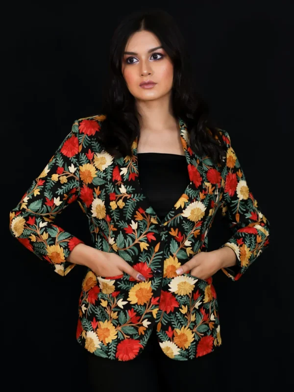 Black Blazer with Aari Jaal Floral Kashmiri Embroidery Front