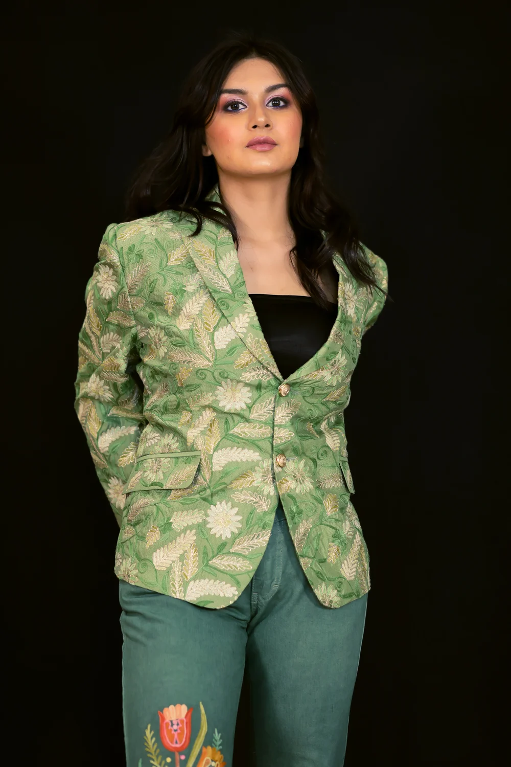 Green Blazer with Aari & Tilla Fusion Embroidery Front