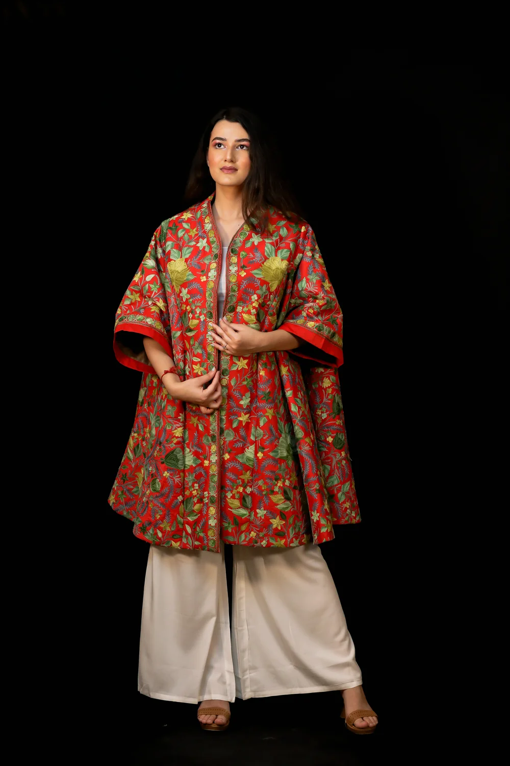 Red Unisex Kashmiri Embroidered Swing Coat Front