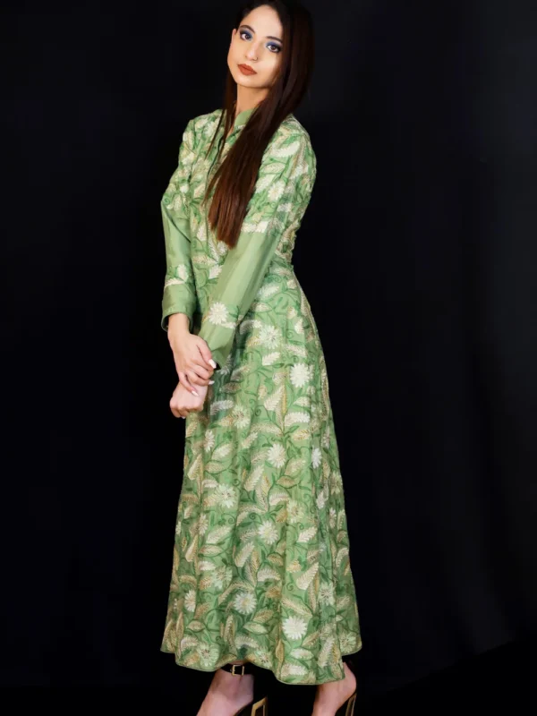 Green Flared Dress with Aari & Tilla Fusion Embroidery Front