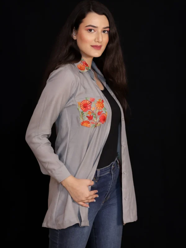 Grey Cotton Shirt with Aari Embroidered Pocket and Collar Side
