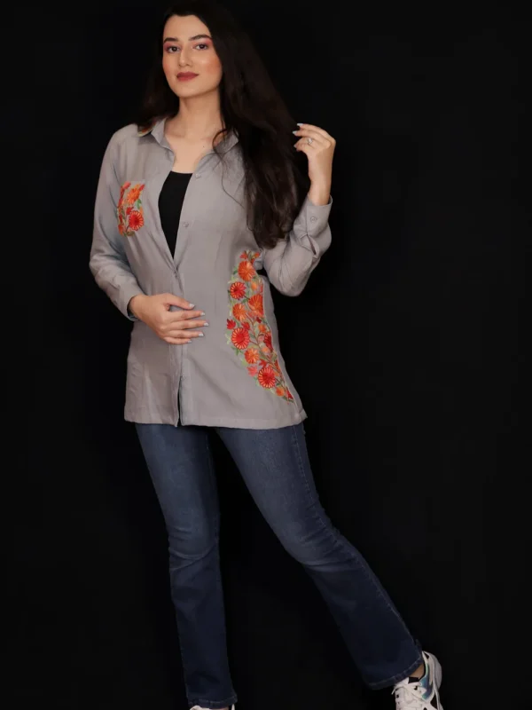 Grey Cotton Shirt with Aari Embroidered Pocket and Collar