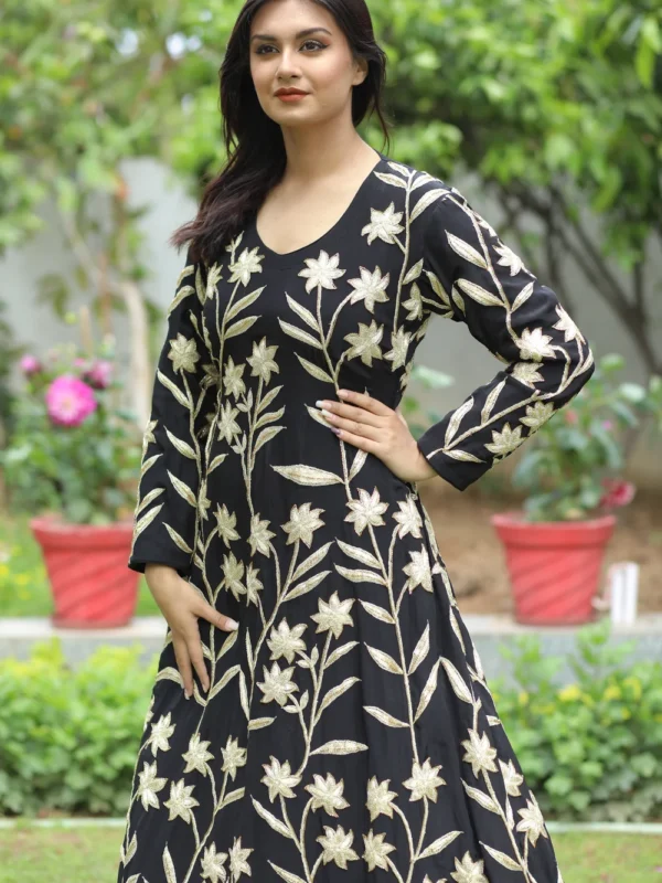 Black Flared Dress with Tilla Fusion Embroidery Front