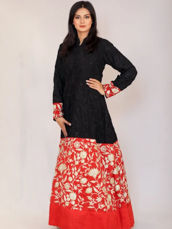 Black & Red Flared Dress with Aari & Tilla Kashmiri Fusion Embroidery Front
