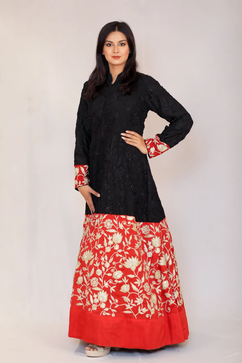 Black & Red Flared Dress with Aari & Tilla Kashmiri Fusion Embroidery Front