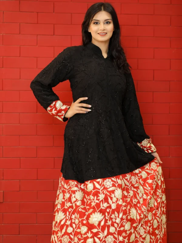Black & Red Flared Dress with Aari & Tilla Kashmiri Fusion Embroidery