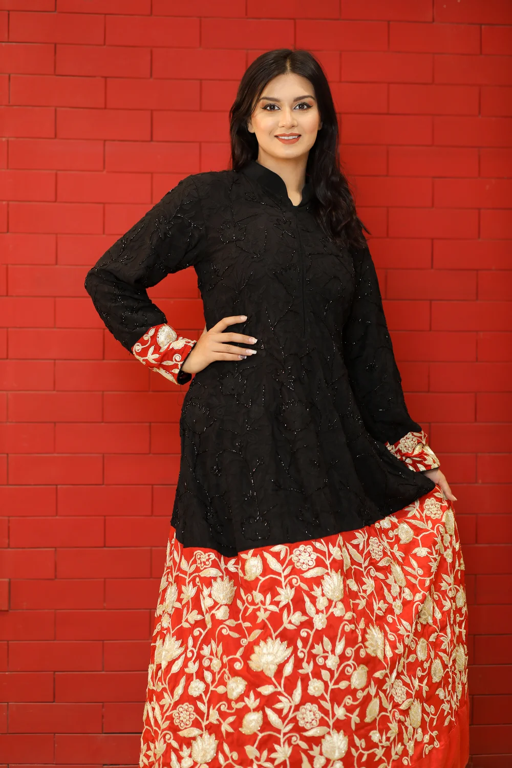 Black & Red Flared Dress with Aari & Tilla Kashmiri Fusion Embroidery