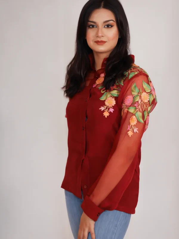 Maroon Shirt with Aari Embroidered Sleeves