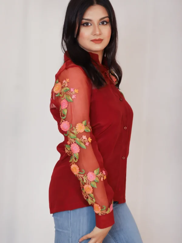 Maroon Shirt with Aari Embroidered Sleeves Side