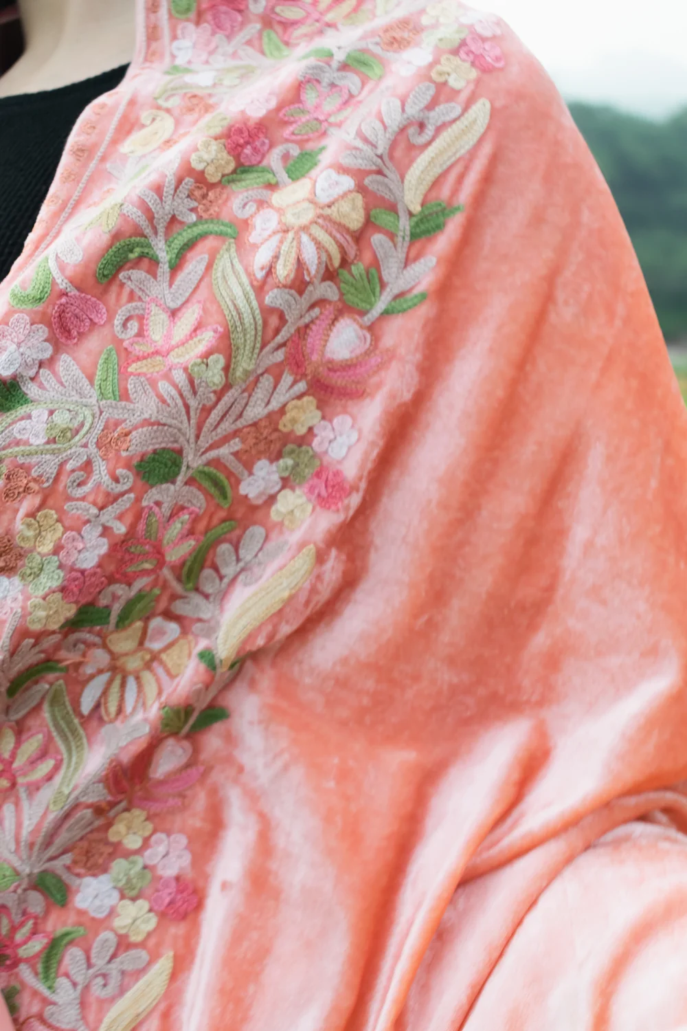 Gloss Velvet Ombre Cape with Aari Work: Peach and Fawn Close up
