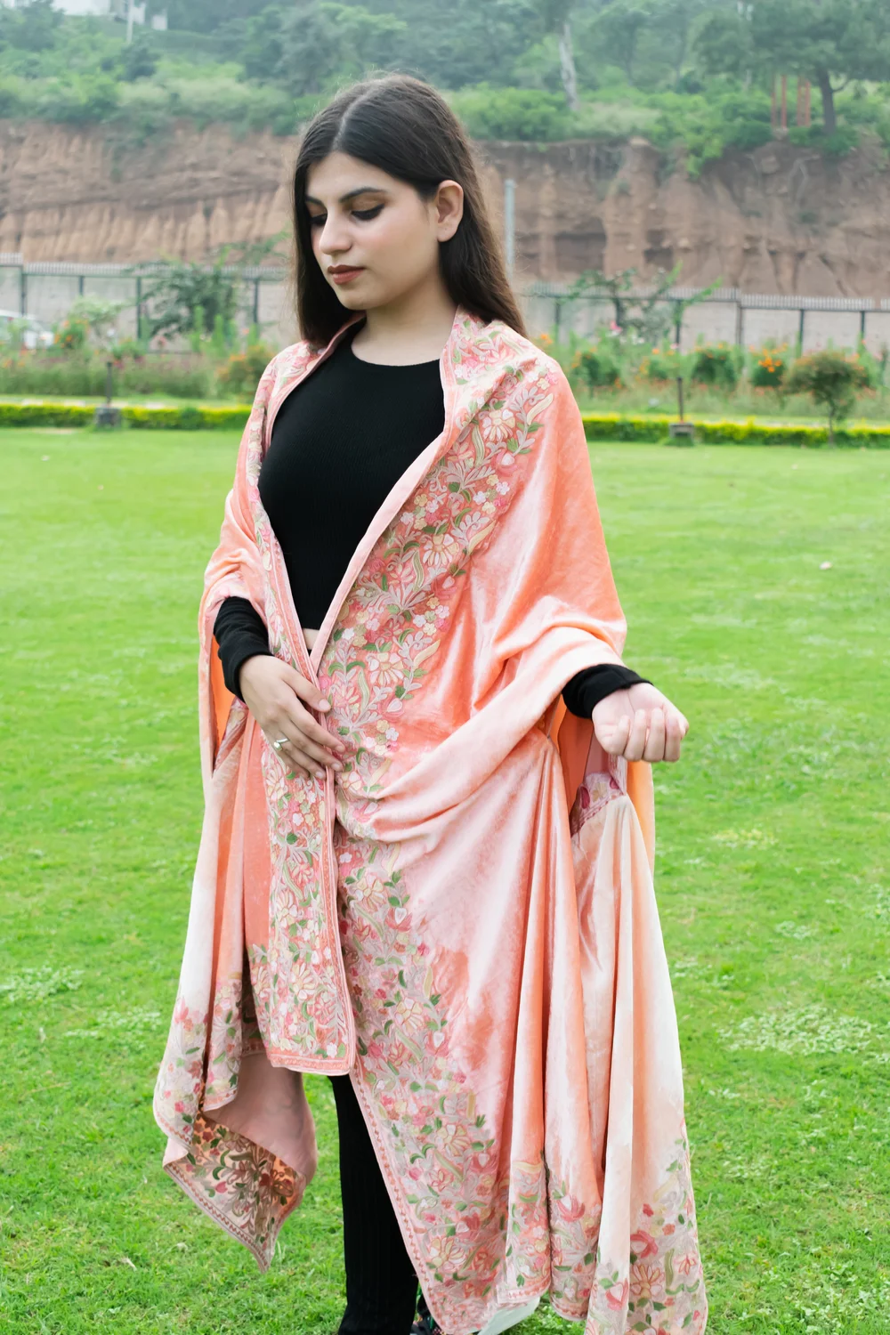 Gloss Velvet Ombre Cape with Aari Work: Peach and Fawn