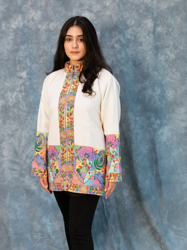 Tootoo Papier Mache Hand Embroidered Pure Wool Jacket: White