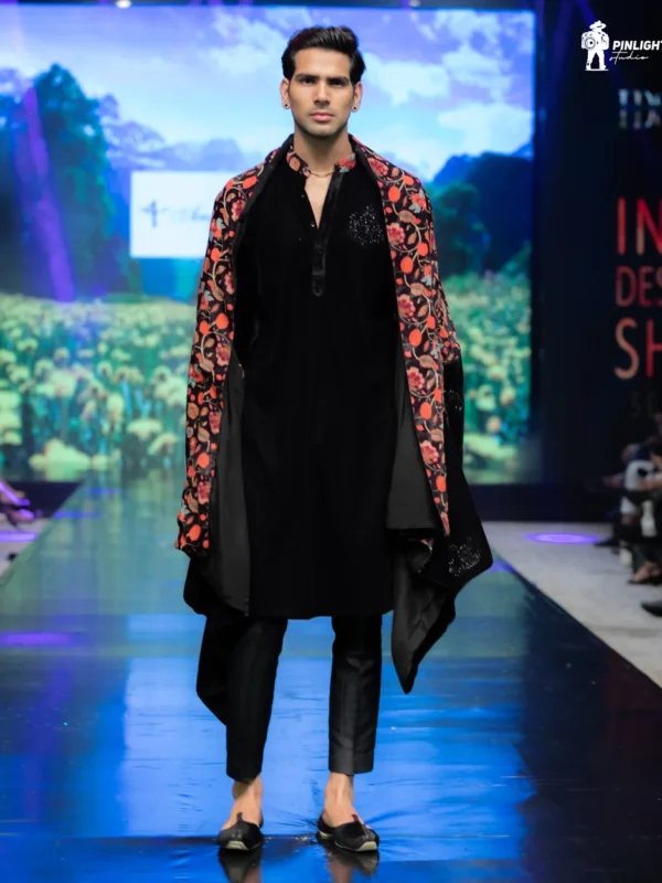 Black Velvet Kurta Pyjama with Mens Cape