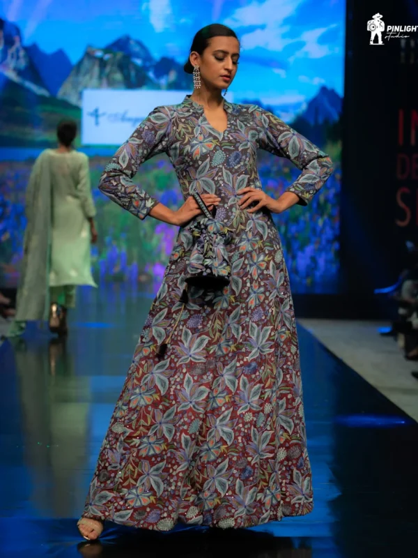 Grey & Maroon Ombre Flared Dress with Fusion Embroidery