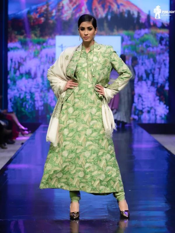 Green Flared Dress with Aari & Tilla Fusion Embroidery