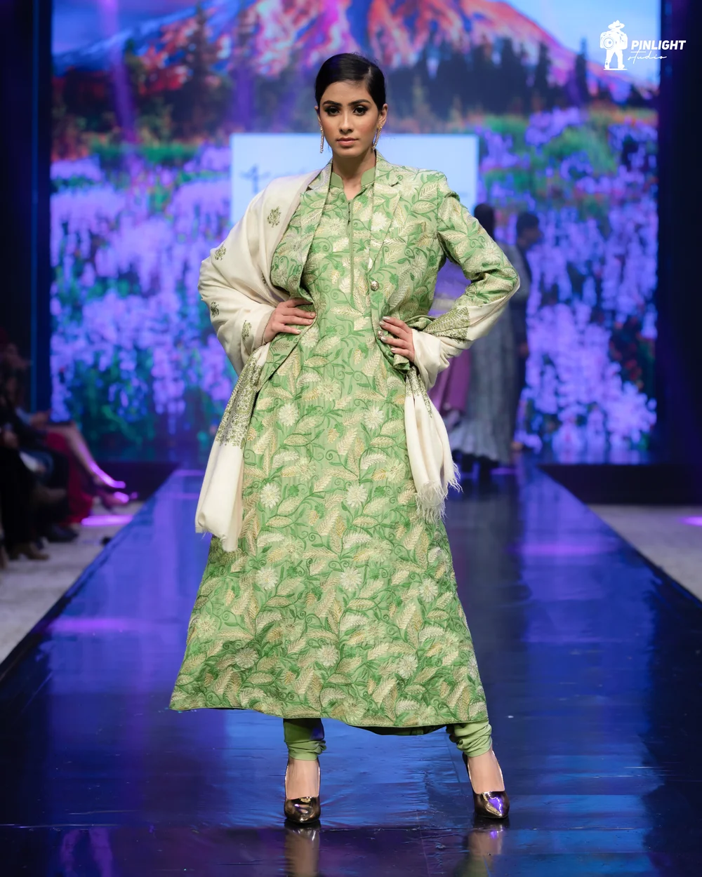 Green Flared Dress with Aari & Tilla Fusion Embroidery