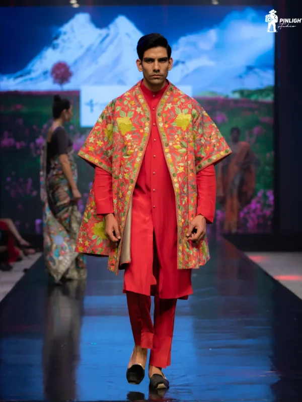 Red Unisex Kashmiri Embroidered Swing Coat