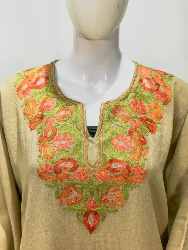 Camel Color Kashmiri embroidered phiran front