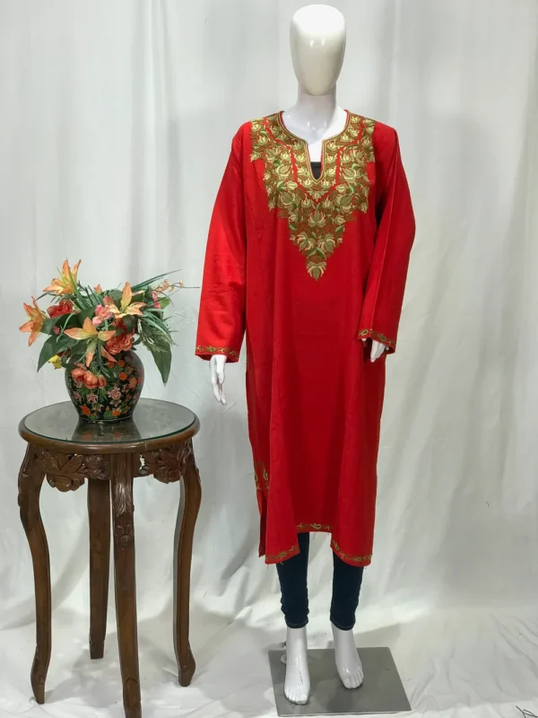 Red Color Kashmiri Embroidered Phiran Front