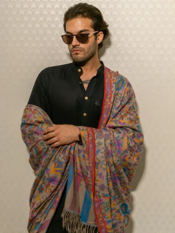 Natural Beige Gents Kani Pure Pashmina Shawl Front