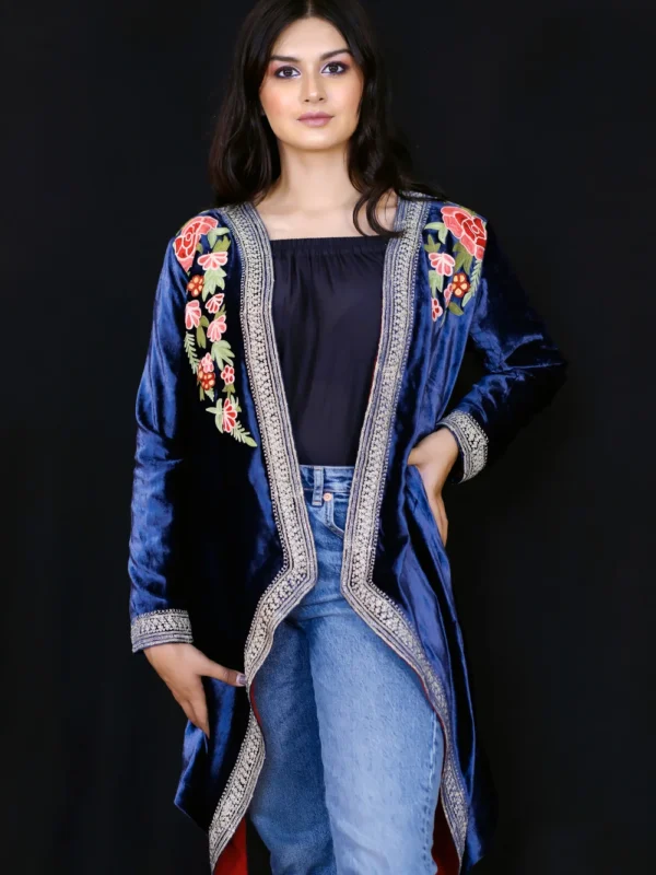 Blue Velvet Aari Work Embroidered Jacket Front