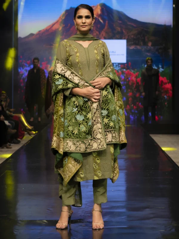 Moss Green Lakhnavi Mukash work and Aari Fusion Embroidered Kashmiri Suit closed up