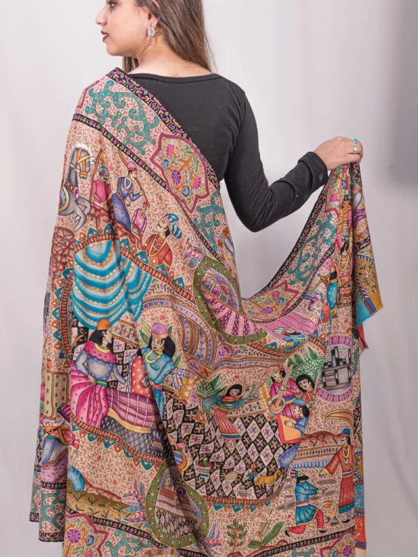 Multi Coloured Pure Pashmina Shawl With Artistic Kalamkari Hand Embroidery front