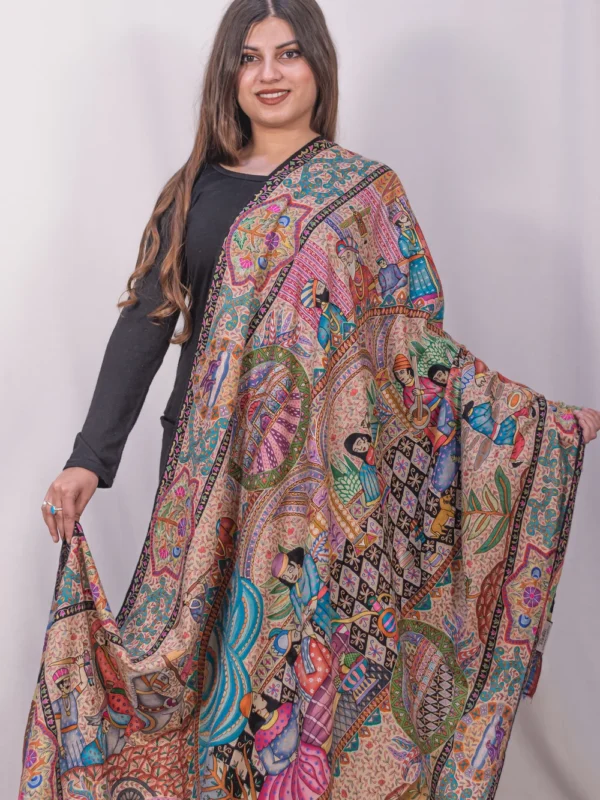 Multi Coloured Pure Pashmina Shawl With Artistic Kalamkari Hand Embroidery