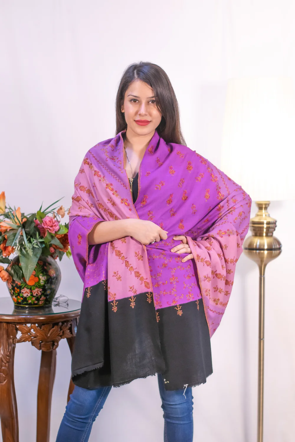 Multi Colour Pure Pashmina Shawl With Sozni Hand Embroidery