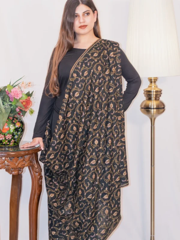 Black Pure Pashmina Shawl With Sozni hand Embroidery front