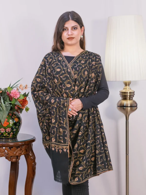 Black Pure Pashmina Shawl With Sozni hand Embroidery