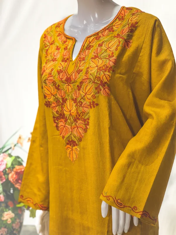 Mustard Woollen Phiran with Aari Embroidery close up