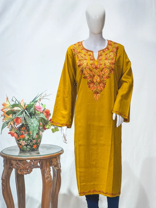 Mustard Woollen Phiran with Aari Embroidery close up