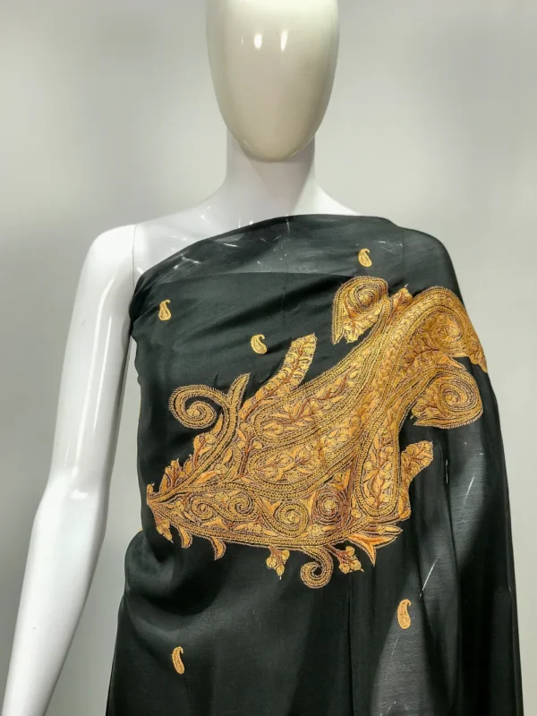 Sozni Hand Embroidered Black Kashmiri Saree Front