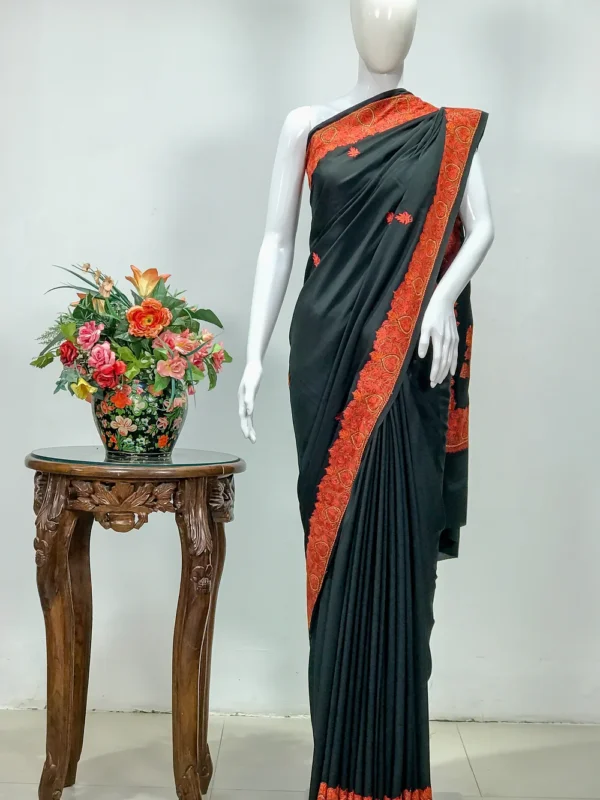 Sozni Hand Embroidered Dark Black Kashmiri Saree