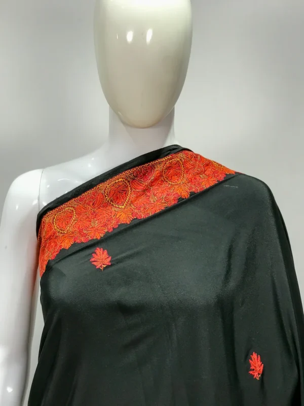 Sozni Hand Embroidered Dark Black Kashmiri Saree Front