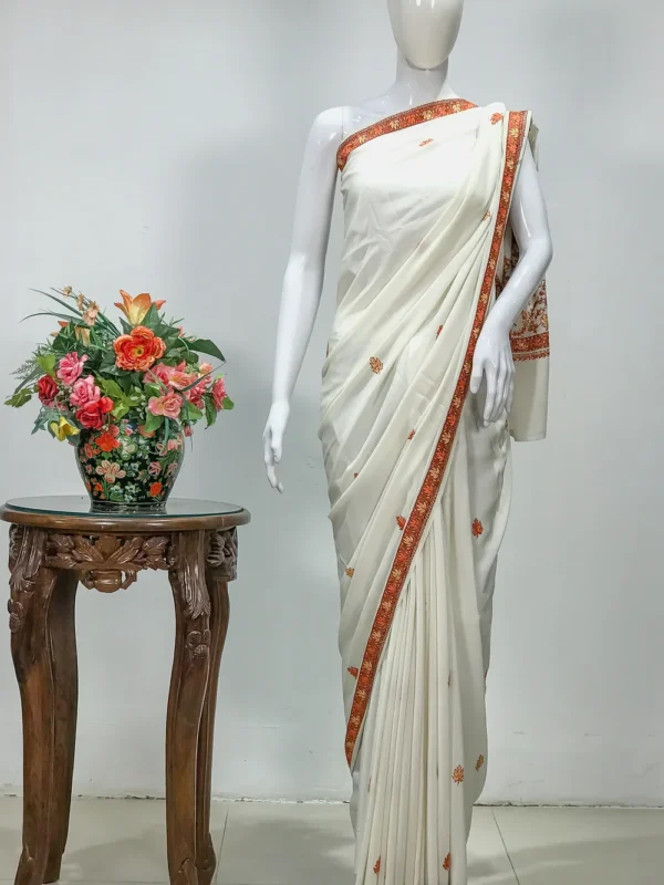 Sozni Hand Embroidered White Kashmiri Saree