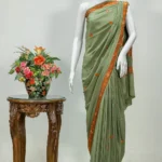 Sozni Hand Embroidered Pickle Green Kashmiri Saree