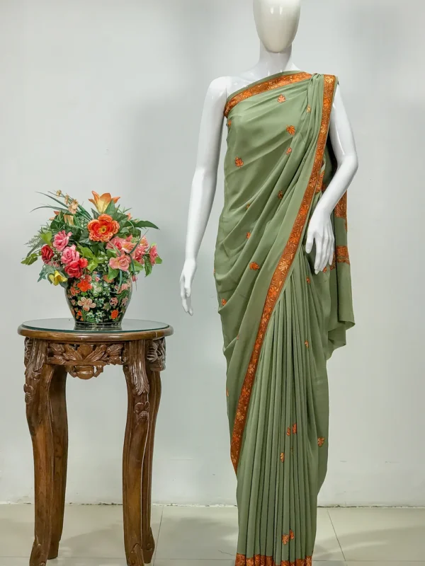 Sozni Hand Embroidered Pickle Green Kashmiri Saree