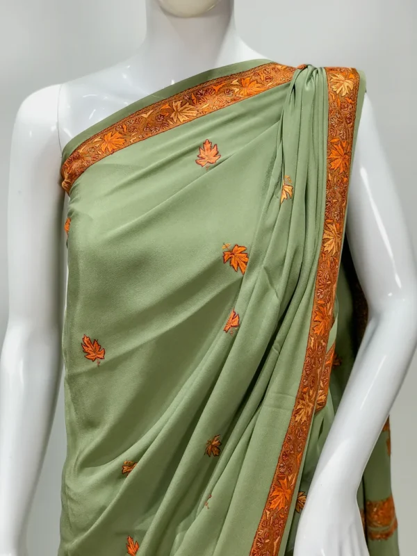 Sozni Hand Embroidered Pickle Green Kashmiri Saree Front