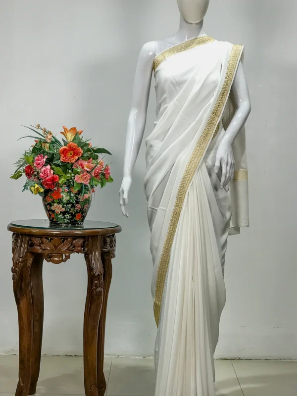 White Pure Crepe Zari Hand Embroidered Kashmiri Saree