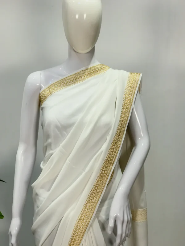 White Pure Crepe Zari Hand Embroidered Kashmiri Saree Front