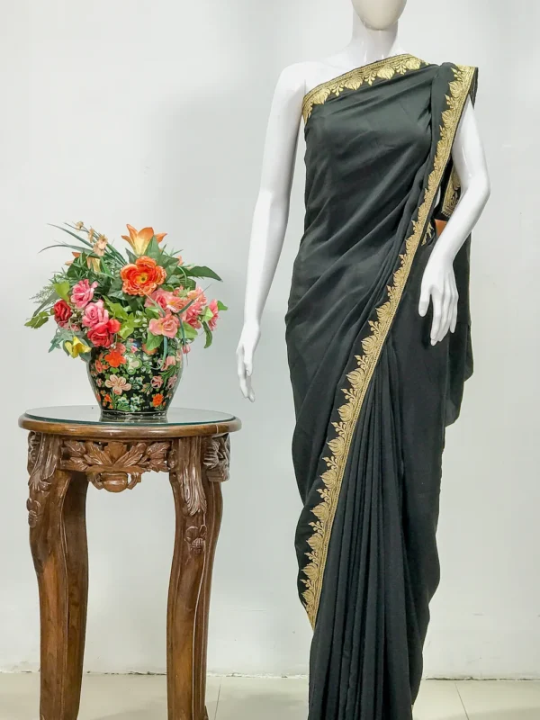 Black Pure Crepe Zari Hand Embroidered Kashmiri Saree