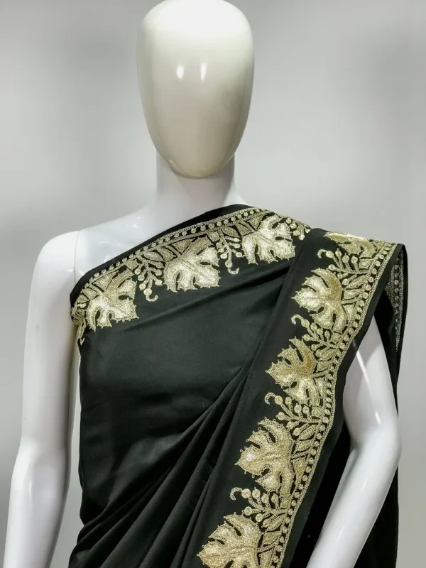 Deep Black Pure Crepe Zari Machine Embroidered Kashmiri Saree front