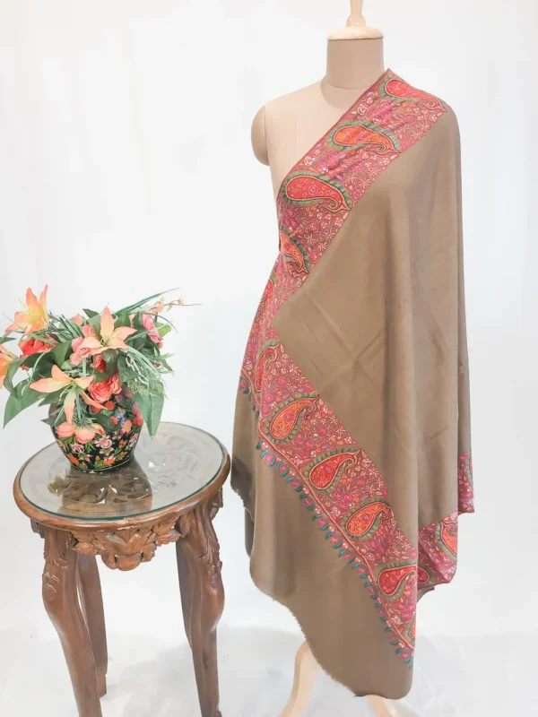 Natural Biege Pure Pashmina Shawl With Sozni hand Embroidery